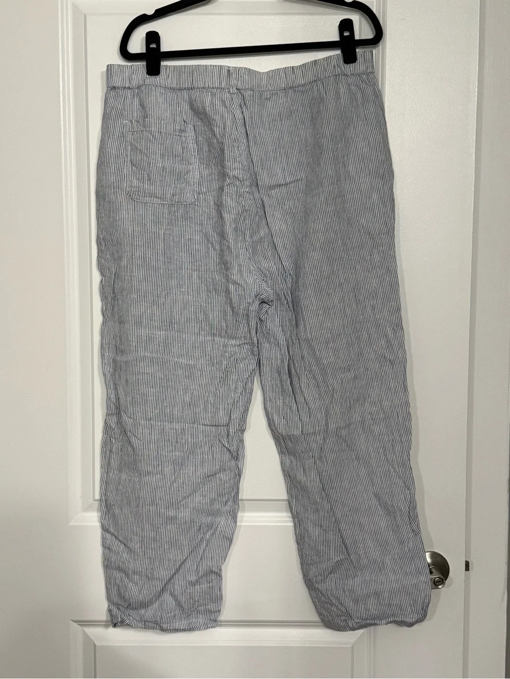 Quince 100% Linen Blue White Stripe Cropped Pants XL Pull-On Coastal Casual